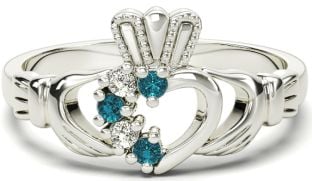 Ladies Aquamarine Diamond Silver Claddagh Ring - March Birthstone