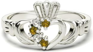 White Gold Citrine Natural Diamond Claddagh Ring - November Birthstone