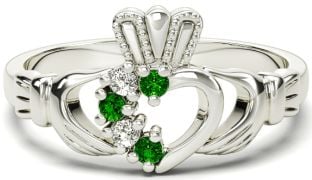 White Gold Natural Emerald Diamond Claddagh Ring - May Birthstone