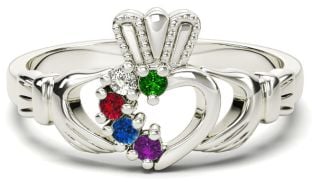 White Gold Mother's Birthstone Claddagh Ring 