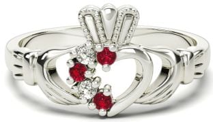 Ladies Ruby Diamond Silver Claddagh Ring - July Birthstone