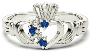 White Gold Natural Sapphire Diamond Claddagh Ring - September Birthstone