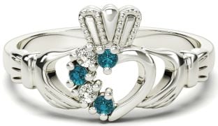 White Gold Natural Topaz Diamond Claddagh Ring - December Birthstone