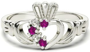 Ladies Pink Tourmaline Diamond Silver Claddagh Ring - October Birthstone