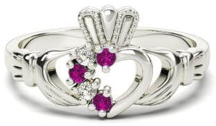 White Gold Natural Pink Sapphire Diamond Claddagh Ring - October Birthstone