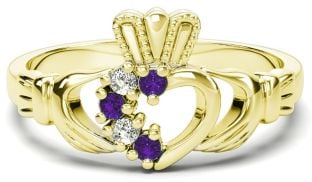 Gold Natural Alexandrite Diamond Claddagh Ring - June Birthstone