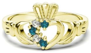 Gold Natural Aquamarine Diamond Claddagh Ring - March Birthstone