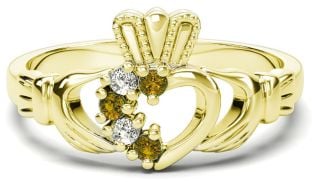 Gold Natural Citrine Diamond Claddagh Ring - November Birthstone