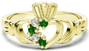 Ladies Emerald Diamond 14K Yellow Gold Silver Claddagh Ring - May Birthstone