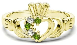 Gold Natural Peridot Diamond Claddagh Ring - August Birthstone