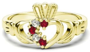 Gold Natural Ruby Diamond Claddagh Ring - July Birthstone