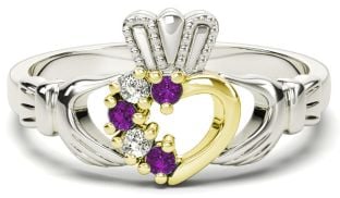 Silver & Solid Yellow Gold Amethyst Diamond Claddagh Ring - February Birthstone