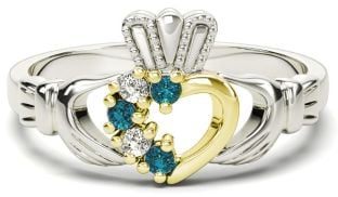 Silver & Solid Yellow Gold Aquamarine Diamond Claddagh Ring - March Birthstone