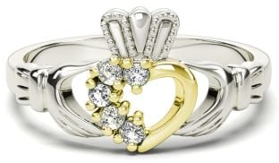 Silver & Solid Yellow Gold Diamond Claddagh Ring - April Birthstone