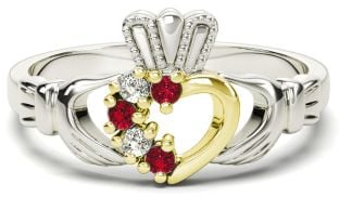 Silver & Solid Yellow Gold Ruby Diamond Claddagh Ring - July Birthstone