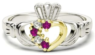 White and Yellow Gold Natural Pink Sapphire Diamond Claddagh Ring - October Birthstone