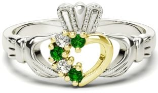 Ladies Emerald Diamond Two Tone Gold Silver Claddagh Ring - May Birthstone