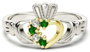 White and Yellow Gold Natural Emerald Diamond Claddagh Ring - May Birthstone