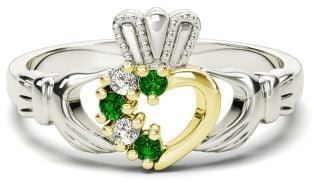 Silver & Solid Yellow Gold Emerald Diamond Claddagh Ring - May Birthstone