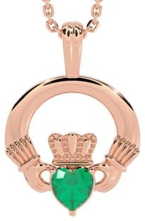 Rose Gold Emerald .18cts Irish "Claddagh" Pendant Necklace - May Birthstone