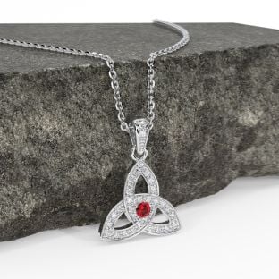 White Gold Genuine Diamond .15cts Genuine Ruby .10cts Celtic Knot Pendant Necklace