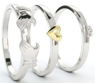 Three Part Stackable Silver 14K Gold Claddagh Ring - For the Girl with a Heart of Gold