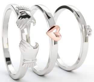 Three Part Stackable Silver 14K Rose Gold Claddagh Ring - For the Girl with a Heart of Gold