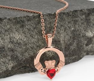 Rose Gold Ruby .18cts Irish Claddagh Pendant Necklace - July Birthstone