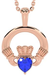 Rose Gold Sapphire .18cts Irish "Claddagh" Pendant Necklace - September Birthstone