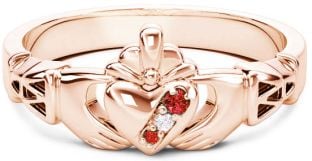 10K/14K/18K Rose Gold Genuine Ruby .035cts Genuine Diamond .1cts Claddagh Celtic Knot Ring - July Birthstone