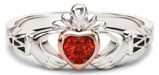 Ladies Ruby Solid Rose Gold & Silver Claddagh Celtic Knot Ring - July Birthstone