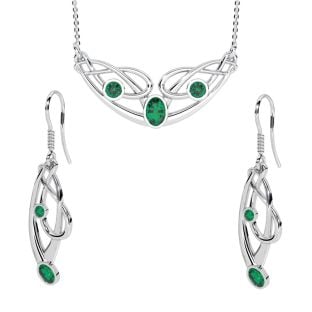 Silver Emerald Celtic Dangle Earrings + Pendant Necklace Set