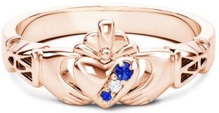 Rose Gold Natural Blue Sapphire .035cts Natural Diamond .01cts Claddagh Celtic Knot Ring - September Birthstone