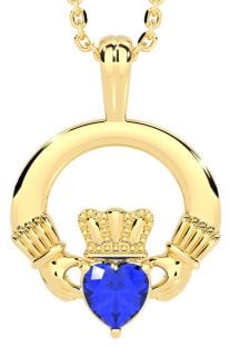 Gold Sapphire .18cts Irish Claddagh Pendant Necklace - September Birthstone