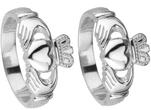 14K White Gold Silver Claddagh Wedding Ring Set