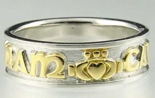 Mens 14K Two Tone Gold Silver "My Soul Mate "Claddagh Celtic Band Ring