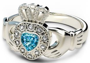 10K/14K/18K White Gold Genuine Diamond .13cts Topaz .25cts Claddagh Engagement Ring - December Birthstone 