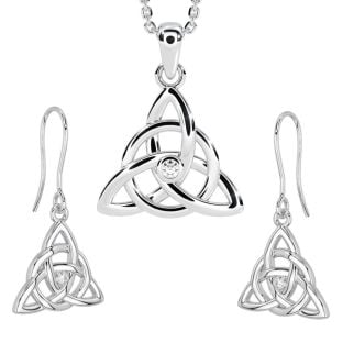 14K White Gold Genuine Diamond Celtic Knot Dangle Earrings & Necklace Set