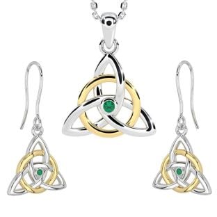 14K White & Yellow Gold Genuine Emerald Irish Celtic Knot Dangle Earrings & Necklace Set