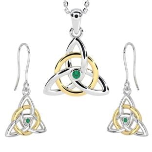 White & Yellow Gold Genuine Emerald Irish Celtic Knot Dangle Earrings & Necklace Set