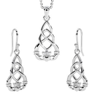 Conjunto de colar com pingente Claddagh celta prateado + conjunto de brincos pendurados