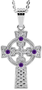 White Gold Genuine Amethyst .12cts Celtic Cross Pendant Necklace