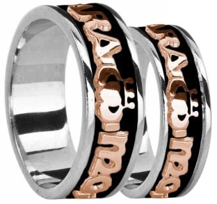 White & Rose Gold "My Soul Mate" Claddagh Wedding Band Rings Set