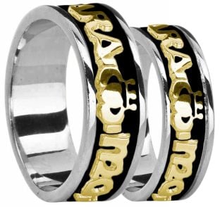 White & Yellow Gold "My Soul Mate" Claddagh Wedding Band Rings Set