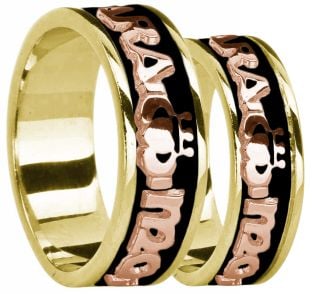 Yellow & Rose Gold "My Soul Mate" Claddagh Wedding Band Rings Set