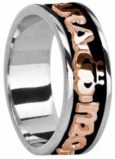 Mens White & Rose Gold & Black Rhodium  "My Soul Mate" Claddagh Wedding Band Ring