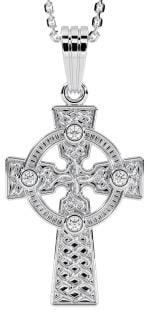 14K White Gold coated Silver Diamond Irish Celtic Cross Pendant Necklace