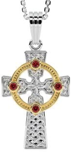 White & Yellow Gold Genuine Ruby .12cts "Celtic Cross" Pendant Necklace