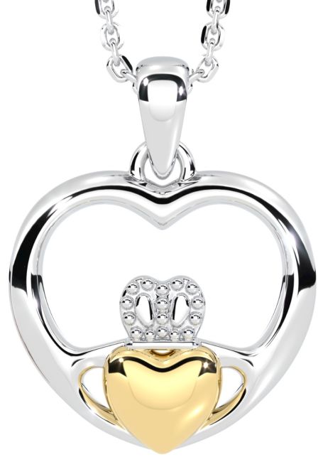 14K Two Tone Gold Solid Silver Claddagh Heart Pendant Necklace