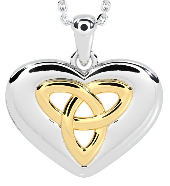 14K Two Tone Gold Solid Silver Irish Celtic Knot Heart Pendant Necklace
